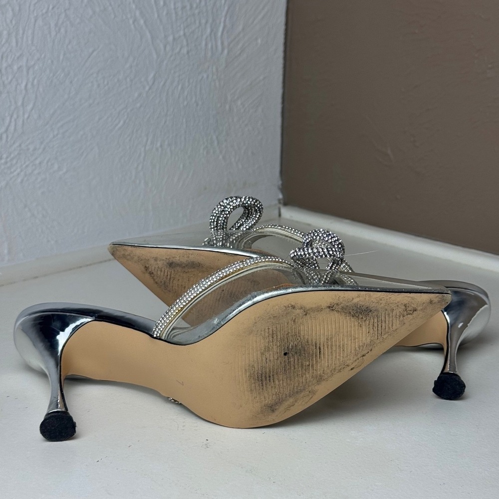 Silver Metallic Clear PVC Crystal Bow Pointed Toe Heels Black Tie Wedding Prom - Picture 7 of 7